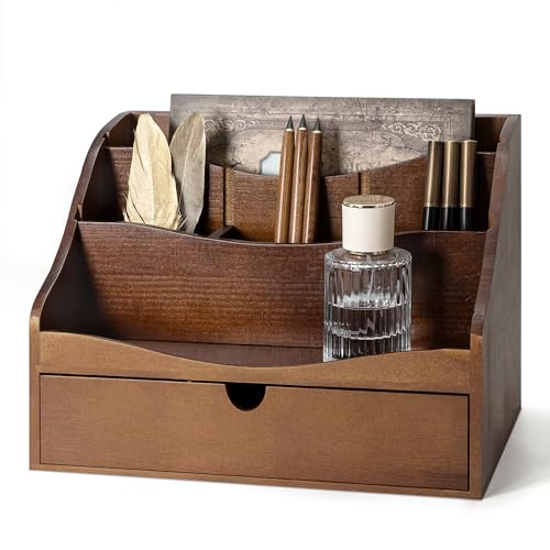 Rebee Vision Pine Wood Mail Organizer for Desk - Retro Farmhouse Mail Holder with Drawer & Dividers - 4-Slot letter paper & Jewelry Sorter, Countertop Mail Organizer for Office Decor(Brown) - color: B-Brown