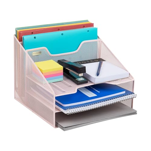 Mind Reader Metal Mesh Desktop File Organizer, 3-Tier Paper Tray with 5 Compartments, Office Mail Sorter, Pink - color: Pink
