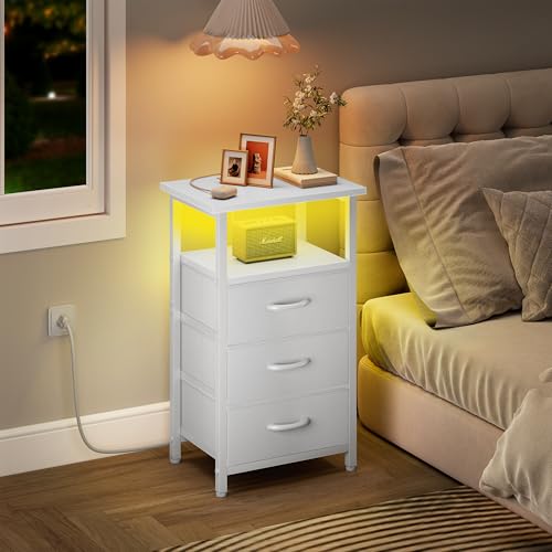 Vagusicc Night Stand with Charging Station, LED Nightstand for Bedroom, White Bedside Table with 3 Fabric Drawers, End Table Side Table with USB Ports and Outlets, Bed Side Table for Bedroom, White - color: White, size: 1 Piece, style: With LEDs