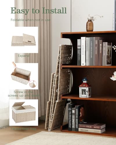 SETVSON Storage Basket with Lid Woven Wicker Baskets with 2 Separate Lid, 9.2 Gallon (35 L) Wicker Storage Bins with Handles, Foldable and 2 Removable Liner Bags for Bedroom, Laundry Room Light Khaki - color: Light Khaki, size: 35L-15.7L*11.8W*11.8H