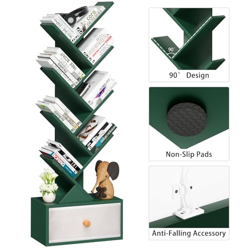 SHEEPAM 8 Tier Tree Bookshelf with Drawer, Free Standing Wood Green Bookcase for Narrow Space, Storage Organizer Bookshelves for Books, Book Case for Home Office, Living Room, Bedroom - color: Christmas Green, size: 8 Tier