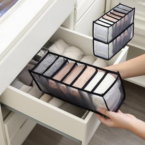 2-Pack Underwear Storage Organizer, 7-Compartment Foldable Drawer Divider for Home, Closet, and Travel Use, Mesh Fabric Organizer Box for Clothing - color: 2 Black