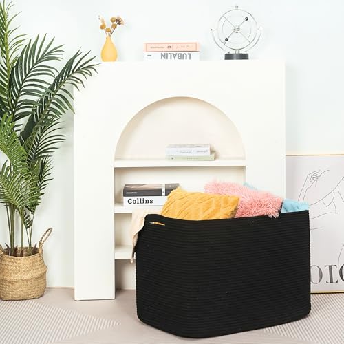 MINTWOOD Design 112L Extra Large Blanket Basket Holder Living Room, 25"x17"x16" Rectangle Rope Woven Storage Basket with Handles for Laundry, Pool Towels, Shoes, Dog Toy Organizer Bin Box, Black - color: Black