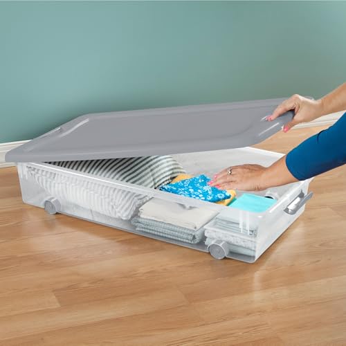 Sterilite 4-Pack 56 Quart Wheeled Latching Box, Underbed Plastic Storage Organizer, Silver - Under Bed Rolling Container Bin with Lid and Wheels for Home or Dorm Bedrooms and Closets - color: Silver, size: 4 Pack