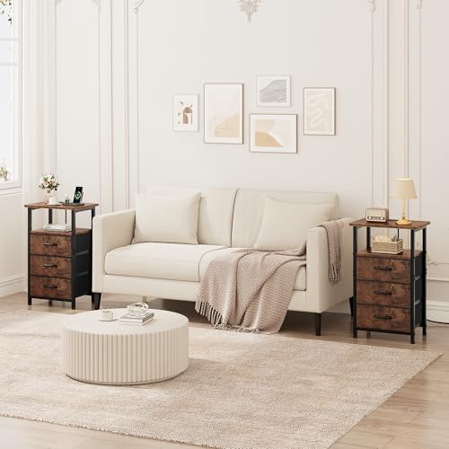 Vagusicc Nightstand Set of 2 with Charging Station, Bedside Table with USB Ports & Outlet, Side End Table with 3 Fabric Drawers & Storage Shelf, Bed Side Table Night Stand for Bedroom, Rustic Brown - color: Rustic Brown, size: 2 Pieces, style: Ordinary