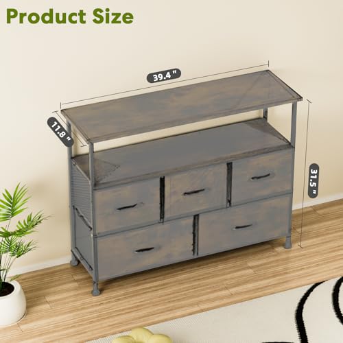 Simple Deluxe TV Stand Dresser for Bedroom Entertainment Center with 5 Fabric Drawers, Storage Organizers Units for Living Room, Media Console Table with Open Shelf up for 45" TV, Rust, Wood top - color: Rust, size: 39.3"D x 11.8"W x 31.8"H (5 Drawers)