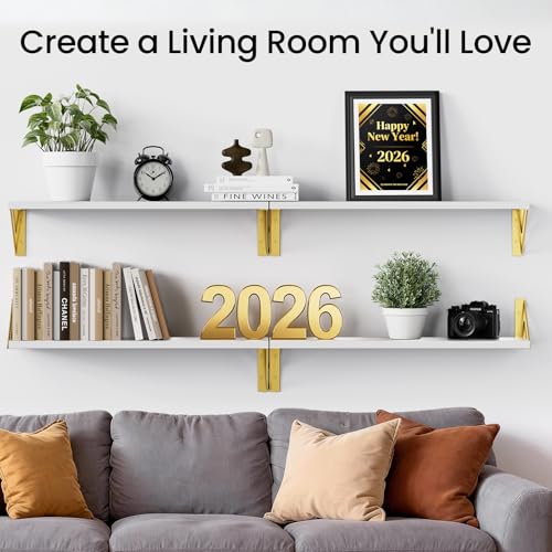 BAYKA Wall Shelves for Bedroom Decor, Floating Wall Shelf for Living Room Kitchen Storage, Mounted Rustic Wood Shelves for Kids Books, Corner Shelf for Bathroom(White and Gold，23in，Set of 4) - color: B. White Board & Gold Brackets, size: 23-inch Standard