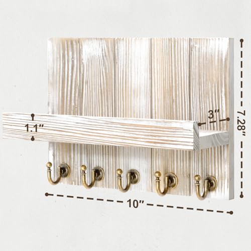 Rebee Vision Farmhouse Key Holder for Wall - Mail Organizer & Key Hanger for Wall - 5 Sturdy Key Hooks with Small Floating Shelf for Rustic Apartment Essentials (Natural Wood, 3.54"D x 10"W x 7.28"H) - color: Natural Wood, size: 10 Inch