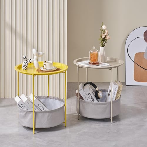 VECELO Round Side/End Table with Fabric Storage Basket，Metal Anti-Rust and Waterproof Small Bedside Nightstand with Removable Tray Top for Living Room，Balcony & Laundry，Grey /1pcs with Basket - color: Grey, size: 1 PCS