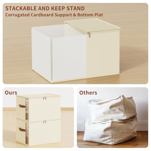 Large Clothes Storage Bins with Sturdy Frame, Foldable Clothing Organizer Box, Sweater Storage Cube with Lids and Zipper, Fabric Bedding Storage Bags for Blankets, Seasonal Clothes, Comforter - color: White, size: Large x 3 Packs