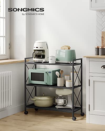SONGMICS 3-Tier Metal Storage Rack with Wheels, Mesh Shelving Unit with X Side Frames, 31.5-Inch Width, for Entryway, Kitchen, Living Room, Bathroom, Industrial Style, Black UBSC183B01 - color: Black, size: 31.5"W