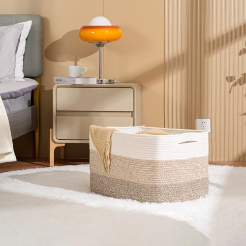 ICERZCZ Large Rectangle Blanket Basket, Large Storage Basket for Organizing, Cotton Rope Woven Basket for Storage with Handles, Baby Nursery Living Room Bedroom, 22”x17”x12”, 75L - color: Gradient Brown, size: 22”x17”x12”