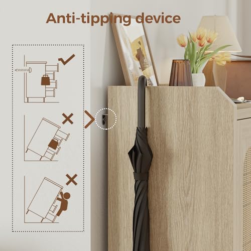 Mericonia Shoe Cabinet Storage for Entryway with 2 Flip Drawers(3-Tier), Rattan Freestanding with Door & 3 Adjustable Shelve,Hidden Shoe Rack Organizer for Hallway, Foyer - color: Oak, size: Flip Drawers 2 & Door 1