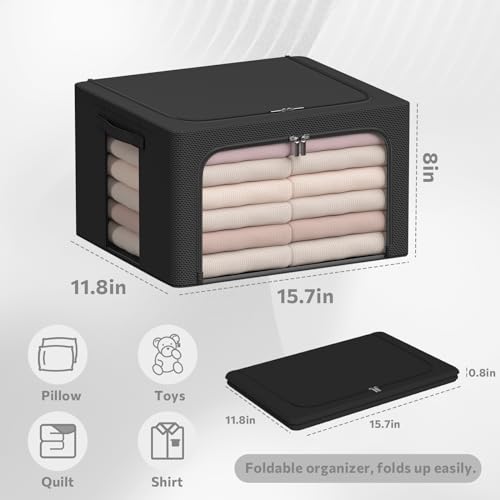 CYhom 3Pack Frame Storage Box - Clothes Storage Bin Bags Oxford Fabric Foldable Stackable Container Organizer Set with Clear Window & Carry Handles (Black, Small-22L) - color: Black, size: Small-22L