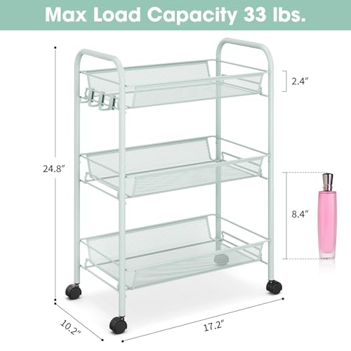 TOOLF 3-Tier Metal Rolling Cart, Mesh Wire Easy Assemble Utility Cart, Storage Trolley on Wheels with 3 Hooks, MetalStorage Shelving Units for Kitchen Bathroom Laundry Room - color: Green, size: 3-Tier