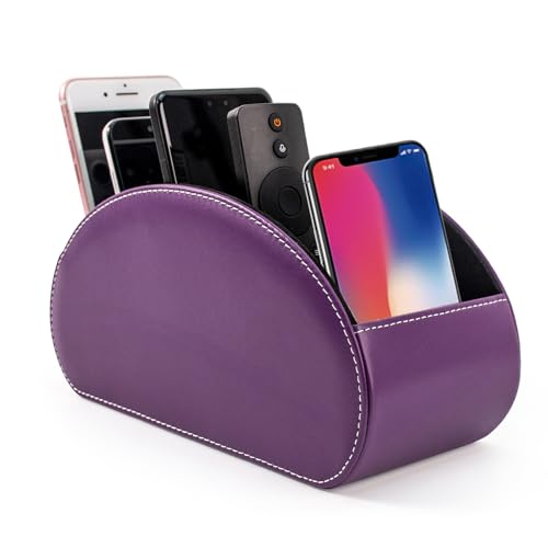 Remote Control Holders Organizer Box with 5 Compartment PU Leather Multi-functional Office Desk Storage Caddy Store Tv Remote for Media Player,Brush,Pencil,Glassees&Office Supplies (Dark Purple) - color: Dark purple, size: M