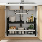 Under Sink Organizers and Storage, 2 Tier 20.9"-34.6" Expandable Length with 3 Removable Baskets and 3 Removable Panels Expandable Shelf for Cupboard,Kitchen,Bathroom, Black