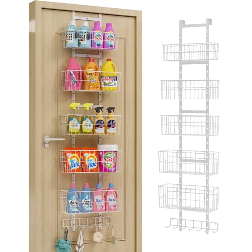 Hongtamoya Adjustable Over The Door Organizer, Metal Hanging Door Organizer with 5 Wire Basket 7 Hooks, Wall Mounted Shelf for Pantry Closet Organization and Storage, White - color: White Wire Basket