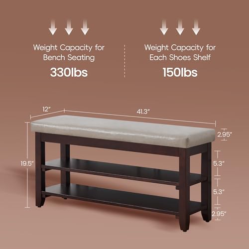 40" Shoe Bench with Leather Cushion, 2-Tier Shoe Rack Entryway Bench, Wood Bench for Front Door Entrance, Mudroom, Hallway, Wooden Shoe Shelves, Shoe Organizer, Shoe Storage, Grey - color: Grey
