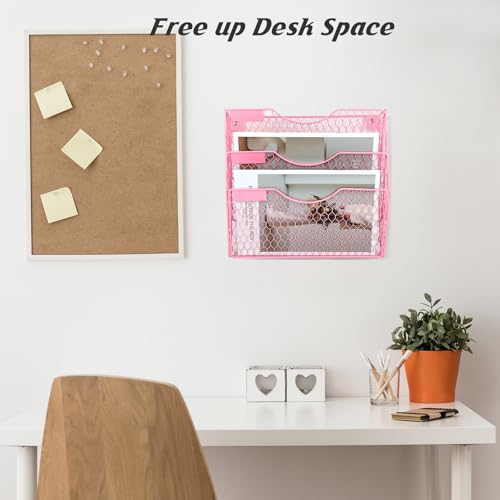 EASEPRES Mail Organizer Wall Mount Hanging File Holder Storage, Metal Chicken Wire Magazine Rack 3 Tier, Pink - color: Pink, size: 3 Tier