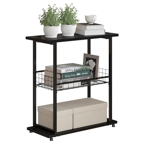 PROXRACER 3-Tier Narrow Side Table with Storage Shelf, Slim Skinny End Table with Wire Basket, Industrial Sofa Side Table for Small Spaces, for Living Room, Bedroom, Black - color: Black, size: No Fence
