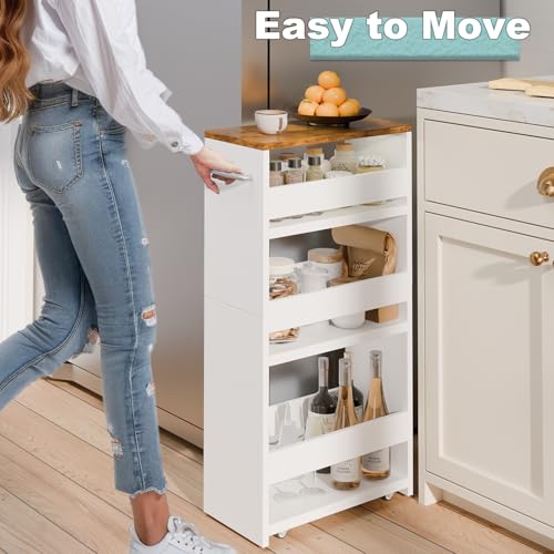 MARTY Rolling Storage Cart 7.9" W, 4-Tier Kitchen Cart with Wheels Handle, Slim Storage Cart Mobile Shelving Utility Carts for Bathroom Laundry Room Organization Narrow Places (White) - color: White, size: 7.9"D x 15.75"W x 31.5"H