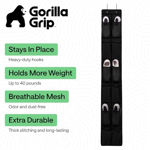 GORILLA GRIP Over the Door Shoe Organizer, 12 Large Breathable Mesh Pockets, Space Saving Hanging Storage Holder, 2 Hook Closet Rack Hanger, Hangs on Closets for Shoes, Accessories, 64H x 9.5W Black - color: Black, size: 12 Pockets/2 Hooks