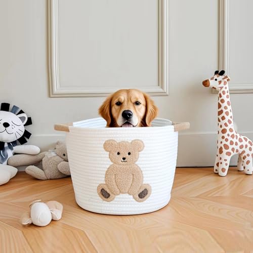 INough Cotton Rope Basket Toy Storage Baskets for kids Laundry Hamper, Gift Basket Empty Baby Shower Baskets with Handles, Cute Bins Blanket Stuffed Animal Storage for Nursery, Living Room Decor, Bear - color: Bear, size: Medium