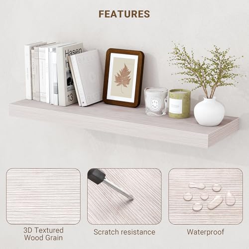 Acovy 24 Inch Floating Shelves, 3D Textured Wood Grain, 24"x9.25"x1.5" Inch Deep Floating Shelves for Wall, Wooden Shelves for Bathroom, Bedroom, Living Room, Washed White, 2 Pieces - color: Washed White, size: 24"x9.25"-2pcs