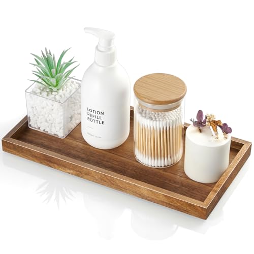 ALELION 11.7" Bathroom Vanity Tray for Counter - Acacia Wood Decorative Tray for Toilet Tank Makeup Perfume Jewelry Catchall Coffee Table - Wooden Kitchen Countertop Organizer for Soap Dispenser - color: Acacia, size: 6" x 0.8" x 11.7"