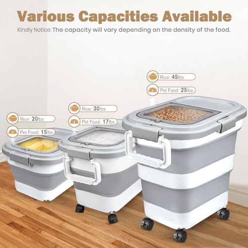 Komzon Rice Storage Container, Collapsible Airtight Food Storage Containers 6-20 Lbs, Rice Dispenser Bin with Cup and Scoop for Flour Cereal Pasta Grain, Cat Bird Pet Dog Food Storage Container - size: 6-20 Lbs