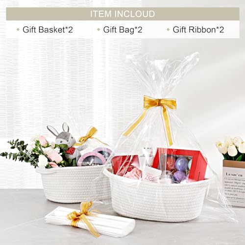 2 Pack Small Woven Basket with Gift Bags and Ribbons, Empty Decorative Gift Chest Box, Cute Baby Gift Basket for Nursery, Cotton Rope Room Shelf Storage Basket with Handles, All 12"x 8"x 5",White - color: White