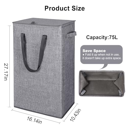 Odonata 75L Slim Laundry Hamper with Lid,Large Foldable Laundry Basket with Removable Bag and Handles Tall Collapsible Dirty Clothes Basket Great for Bedroom, Bathroom, Dorm, College,RV. (Grey, 75L) - color: Grey