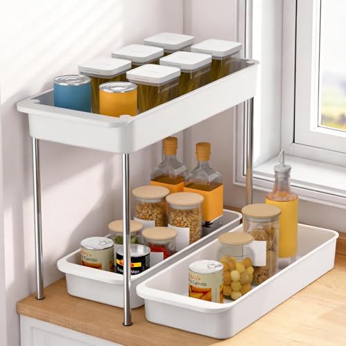 2-Tier Under Sink Organizer with Smooth Rolling Wheels, Pull-Out Bottom Storage Drawer with Easy-Lift Handle, Metal & Plastic Sliding Cabinet Organizer for Kitchen & Bathroom, White, 2 Pack - color: White