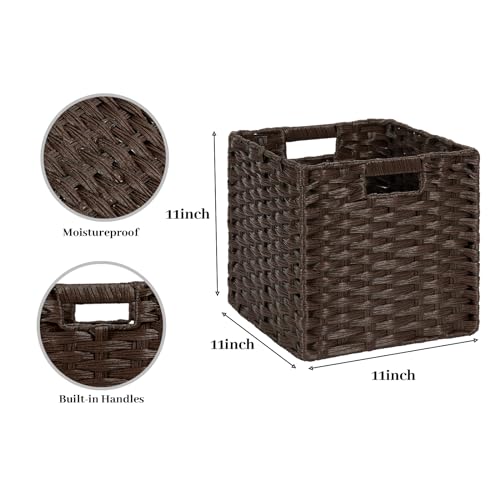 DULLEMELO Wicker Storage Bins 11x11 Storage Cubes for Organizing Plastic Woven Baskets for Storage Set of 2 Waterproof Woven Storage Cube Organizer for Pantry Closet Set of 2 - Deep Coffee - color: Deep Coffee, size: 11in-2 pack