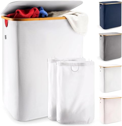 LONBET Laundry Basket with Lid, Made from Breathable Fabric | Aesthetic Clothes Hampers for Laundry with Side Handles & Sturdy Bamboo Frame (40 Gallons - Double, Light Gray) - color: Light Gray, style: 40 Gallons - Double