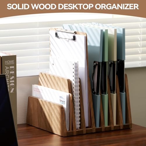 KIRIGEN Wood File Mail Organizer 7 Slots File Paper Holder Desktop Wood Document Letter Holder Organizer for Home Office Brown (7KWJJ-DBR) - color: Dark Brown, size: 7 Slots