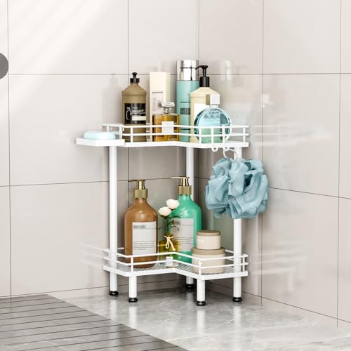HapiRm Corner Shower Caddy Standing - 2 Tier Shower Organizer Corner with Soap Holder, Rustproof Bathroom Standing Organizer with 2 Hooks, White - color: White, size: 2-tier