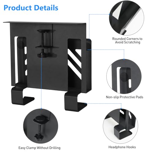 MAXECHO Desk Side Storage, Under Desk Laptop Mount, Table Side Hanging File Organizer, No Drill Clamp On Cable Management Tray, Laptop Holder with 2 Hooks for Office and Home, Load 22 Lbs - color: Black, size: Single-deck with 2 Hooks