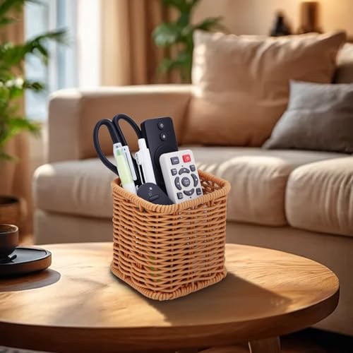 NiHome Remote Caddy, Bedside Remote Control Holder, Synthetic Rattan Organizer for TV Remotes, Makeup Brushes & Office Supplies, Stylish Remote Holder for Table, Living Room, Bedroom & Office