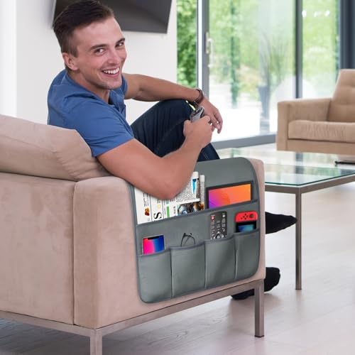 TV Remote Control Holder Couch Caddy, Non-slip Bedside Caddy Organizer with 5 Pockets for Key Glasses Phone Magazine Holders (Gray, 35''x18'') - color: Gray, size: 35''x18''
