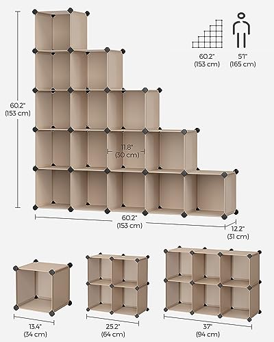 SONGMICS Cube Storage Organizer, Set of 16 Plastic Cubes, Book Shelf, Closet Organizers and Storage, Room Organization, Bedroom Living Room, 12.2 x 48.4 x 48.4 Inches, Camel Brown ULPC442K01 - color: Camel Brown, size: 16 Cubes, style: without doors