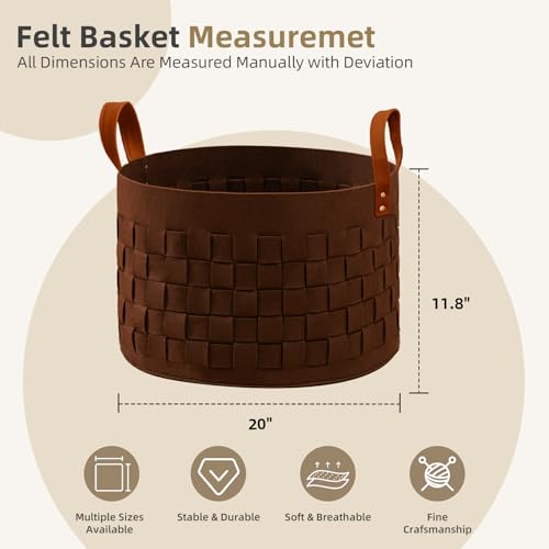 BOLDMONKEY Laundry Basket 20" x20 " x11.8 ", Large Felt Fabric Blanket Basket with Leather Handle, Dirt Clothes Laundry Hamper Round for Babies, Dogs and Living Room-Brown - color: Wood Brown