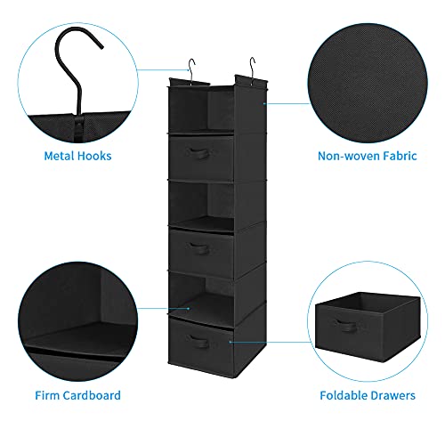 MAX Houser 6 Tier Shelf Hanging Closet Organizer, Closet Hanging Shelf with 2 Sturdy Hooks for Storage, Foldable (Black-D3) - color: Black-d3