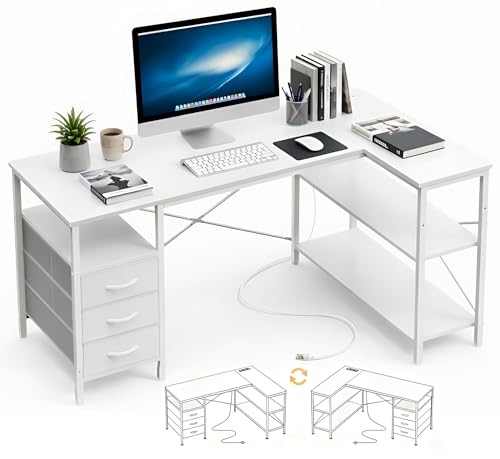Alpen L Shaped Gaming Desk with Power Outlets, 47 Inch Computer Desk with 3 Drawers and Shelves, Corner Desk for Gaming, Study Writing PC Table with Storage and Reversible Shelf, White - color: White, size: 47 Inches