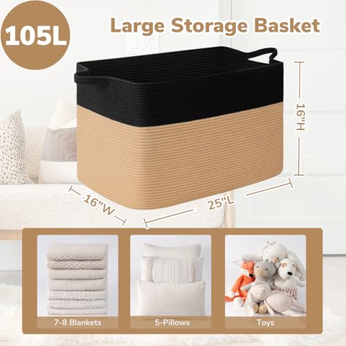 Goodpick 105L Extra Large Woven Blanket Basket Cotton Rope Storage Baskets for Organizing, Kids Toy Storage Organizer for Living Room Nursery, 25"x16"x16", Black & Jute - color: Black Camel, size: XX-Large(25"L x 16"W x 16"H)