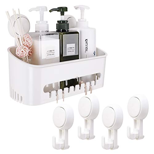 TAILI Strong Vacuum Suction Cup Bath Corner Shower Caddy Storage Basket + 4 Extra Hooks, No Drill Bathroom Shelves for Kitchen Bedroom Organizer Set, White in Plastic - style: 6 pack