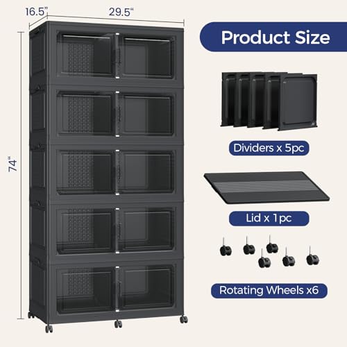 200GAL Storage Bins with Lid and Wheels, Stackable Closet Organizers and Storage Drawer, Collapsible Storage Box with Dividers, Foldable Plastic Cabinets for Room, Kitchen, 5 Pack Black - color: Black, size: 40Gal-5Pack