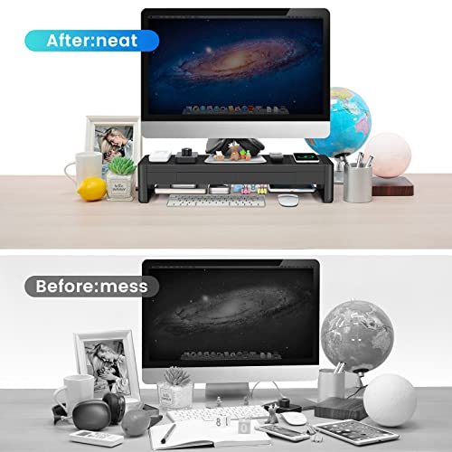 meatanty 3 In 1 Monitor Stand Riser with 2 Drawers,1 Wireless Charging Module and 4 USB Ports,Metal Computer Stand Support Transfer Data & Charging,Desk Organizer for PC,iMac (21 inches) - size: Large, style: Wireless Charger Version