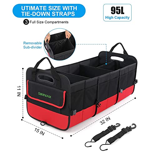 Simniam Large Trunk Organizer for Car, Foldable Multi Compartment Car Trunk Organizer with 2 Retractable Straps, Suitable for All Kinds of Cars, SUV, Minivan - 4 Compartments Red - color: Red, size: Medium